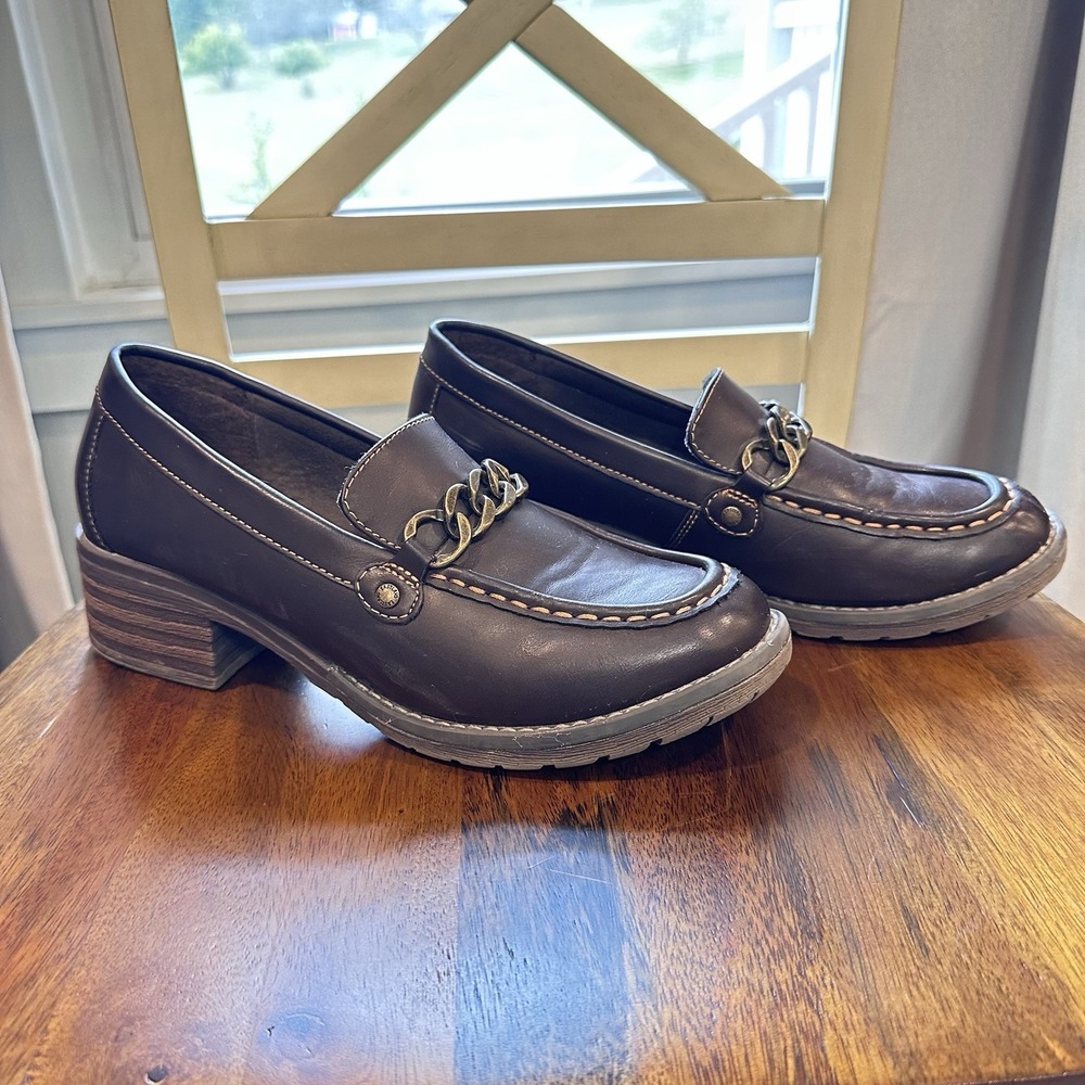 Eastland Nora Loafers Women 9.5M Brown Chain Link Lug Sole Chunky Heel Shoes